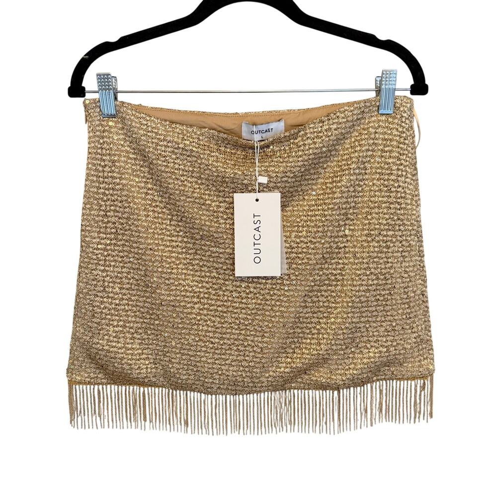 Outcast Storrme Mini Skirt L Gold Fringe Sequins Party Disco Club Glam Bling NWT